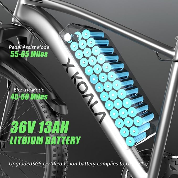 26'' Electric Bike for Adults 1200W Peak Motor 55 Miles Long Range 25MPH Commuter E-Bike with 7 Speed Gears IPX7 Waterproof Pedal Assist Electric Mountain Bicycle for Men (13Ah Battery-Gray)