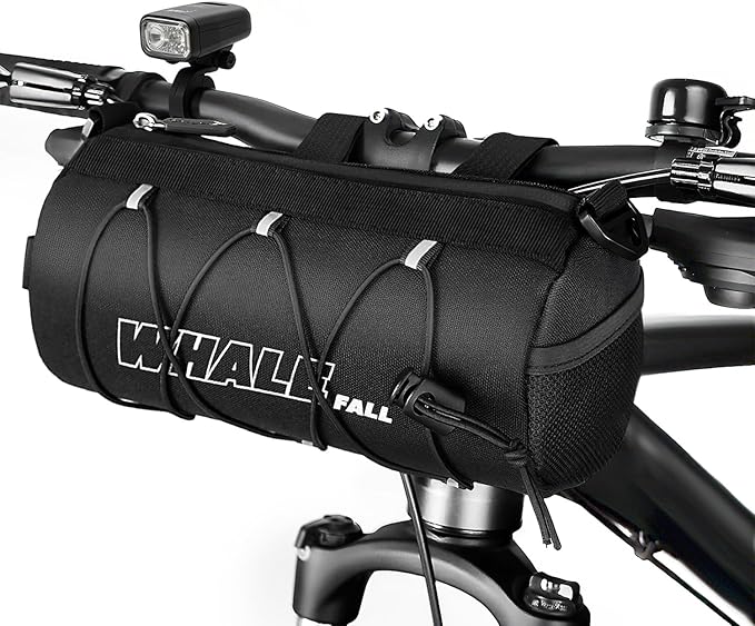 whale fall Bike Handlebar Bag, Roll-Style Front Bag with Elastic Cord, 3-Point Strap Fixation, Shoulder Strap, Reflective Bicycle Accessories for Travel, Daily Commute, Mountain or Road Bikes