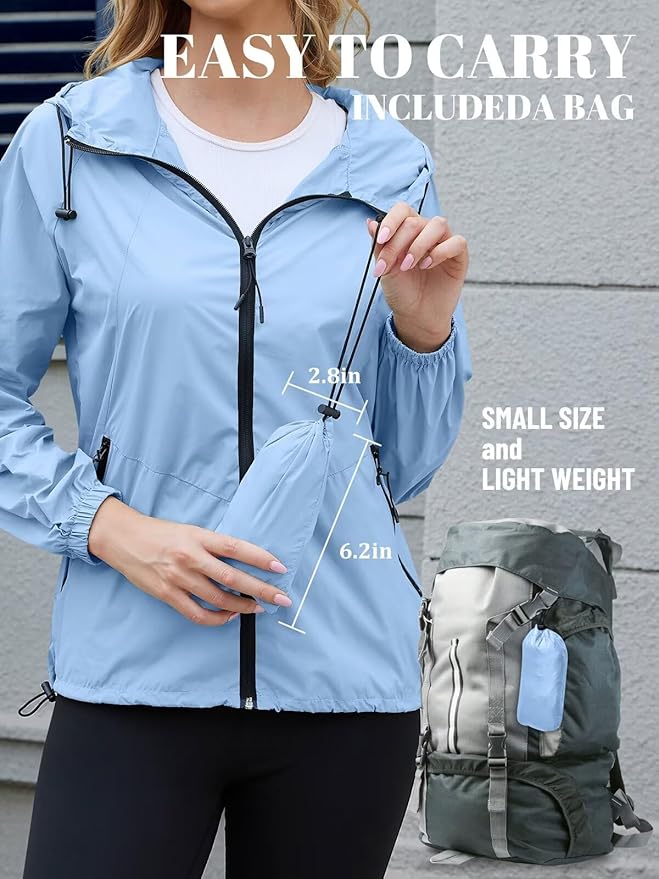 PITINAN Lightweight Rain Jacket Women Packable Wind Breaker Light Rain Jacket Women Waterproof Travel Raincoat S-XXL