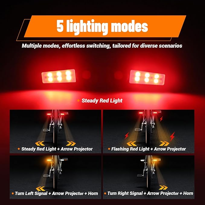 Bike Turn Signals with Projector 5 Modes USB Rechargeable Bike Tail Light Remote Control Waterproof Split Ebike Bicycle Turn Signals Front and Rear for Night Riding and Commuting Safety-4PCS