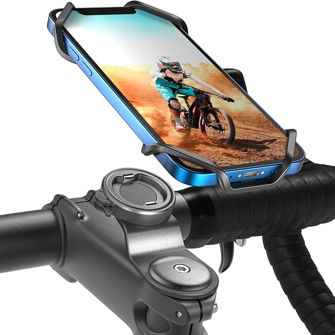 Bike Stem Phone Mount with Shockproof Silicone Grip – Quick-Lock Aluminum Out-Front Holder with Dual Safety Buckles & Elastic Strap, Fits 4.0”–6.7” Phones – Secure Fit for Road & Urban Rides