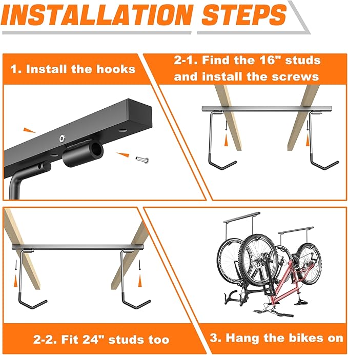 TORACK Overhead Bike Rack for Garage, Ceiling-Mounted Bicycle Storage Hooks for 2 Bikes (Horizontal) or 4 Bikes (Vertical), Adjustable Bicycle Hooks for Mountain, Road Bike
