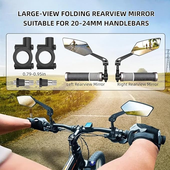 Bike Mirrors for Handlebars, 1 Pair Bicycle Rear View Mirror, 360° Adjustable Rotatable Wide Angle Mirror Accessories for Ebike Mountain Road Bike, Black