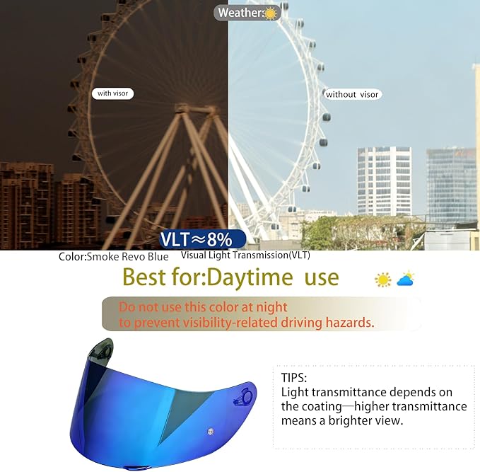 Motorcycle Helmet Visor for AGV K1 K1S K3SV K5 K5S, Anti-Scratch UV Protected Full Face Shield, High-Definition Tinted Mirror PC Lens, Day Riding (Smoke Revo Blue)
