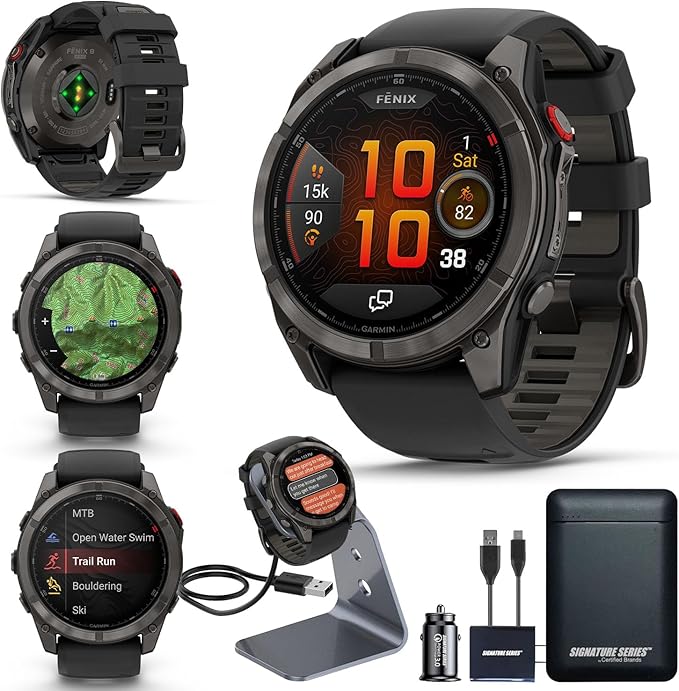 Garmin Fenix 8 Pro, 51mm, AMOLED Display, Premium Multisport GPS Smartwatch, inReach Technology for Emergency Survival, Health Tracking | Carbon Gray/Black, Signature Series Power Bundle