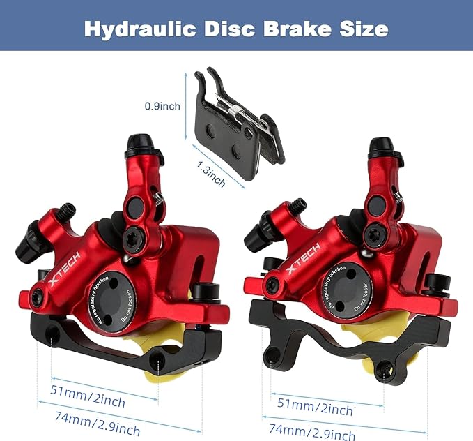 HB-100 Line Pulling Hydraulic Disc Brake Calipers, Mechanical Disc Brakes for MTB, Mountain Bike, E-bike and Electric Bike 2PCS Front/Rear Red