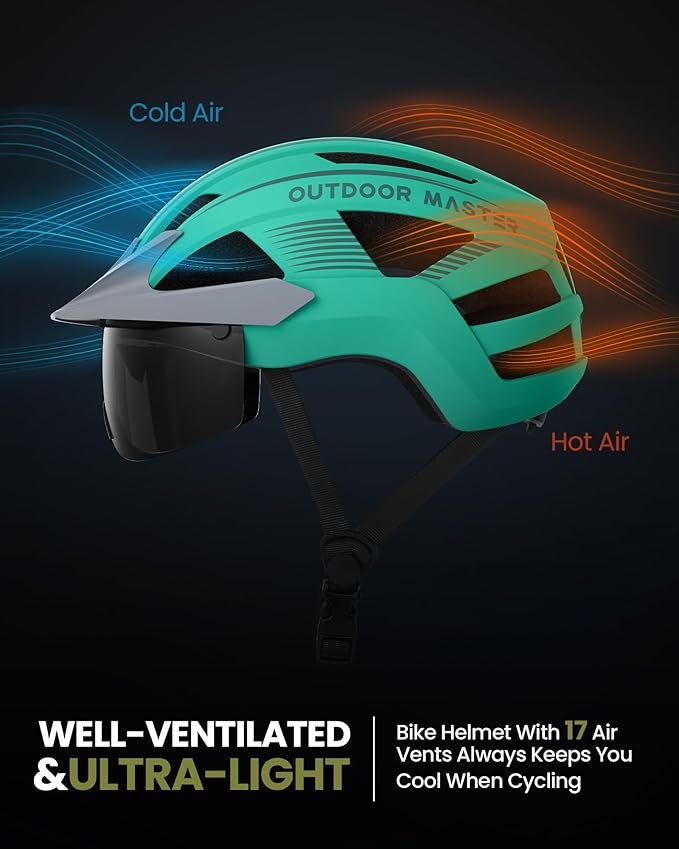 OutdoorMaster Adult Bike Helmet - Bicycle Helmet with Rechargeable Rear LED Light, Detachable Magnetic Goggles, Removable Sun Visor - Suitable for Commuting and Cycling for Men and Women