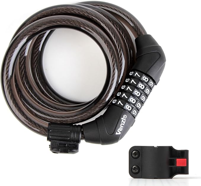 Venzio 4FT Bike Cable Lock, 12mm (1/2 inch) Self-Coiling Steel Cable with 5-Digit Combination Lock, Mounting Bracket, Heavy Duty Anti-Theft Design for Bicycle, Scooter, E-Bike, Fence, Outdoor Use