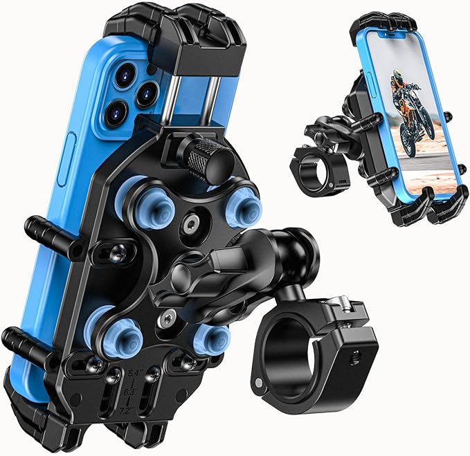 Motorcycle Phone Mount-[Triple Vibration Dampener] & [Metal Adjustment Arm]，Motorcycle Cell Phone Holder, Bike Phone Mount for iPhone 17 16 15 Pro Max, 5.4-7.2" Smartphones