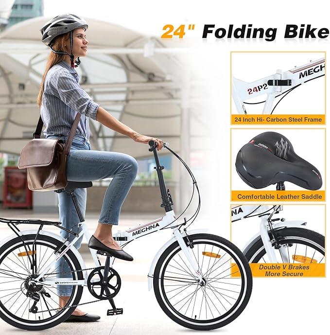 24" Folding Bikes for Adults 7 Speed City Commuting Folding Bicycle with Steel Frame/Front and Rear are V Brakes Compact Folding Bike for Adults Men and Wome No Assembly Required