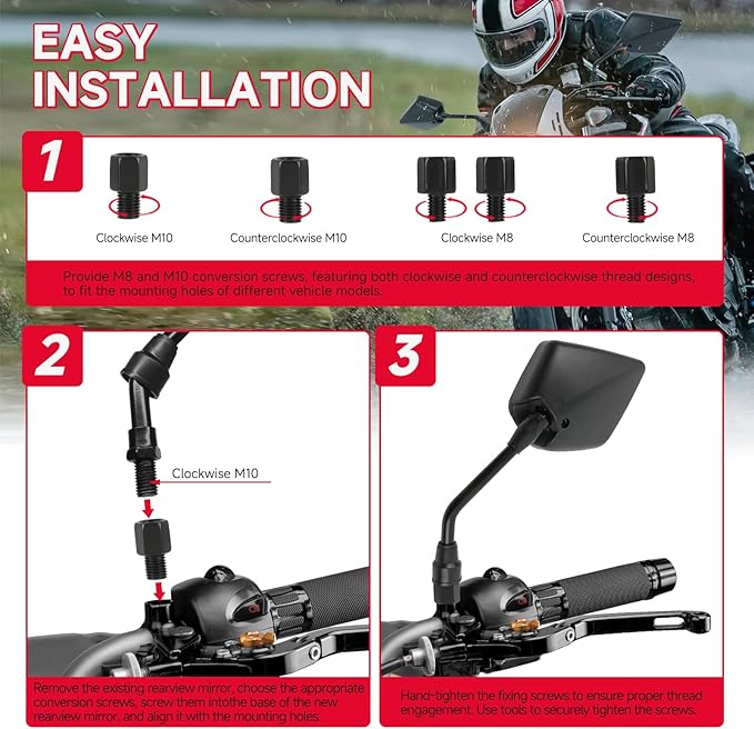 DREAMIZER Motorcycle Rear View Mirror - with M8 M10 Threaded Bolts, 7/8" Handlebar Mirror Mount Compatible with Motorcycle Scooter Moped Polaris Sportsman ATV Dirt Bike Cruiser