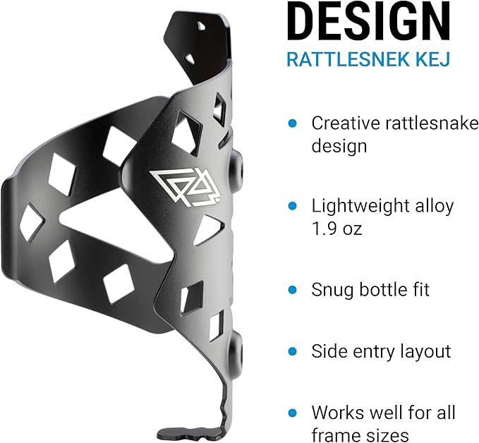 Portland Design Works Water Bottle Cage - Lightweight Water Bottle Holder for Bikes, RATTLESNEK KEJ, Black - Right Opening