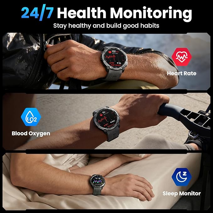 Military Smart Watch for Men with GPS, 1.43" AMOLED Bluetooth Call, LED Flashlight, Rugged Tactical Watch for Android iOS, 3ATM Waterproof Fitness Tracker with Heart Rate Pedometer (Black)