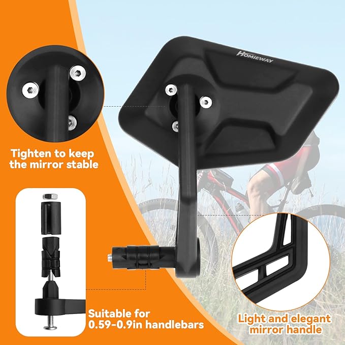 Bike Mirror, Bar End Bicycle Mirror, HD Glass Scratch Resistant and Fall Resistant E-bike Rear View Mirrors, Safe Cycle Mirror for Handlebar for E-bike, City Bikes (Right 0.59-0.9")