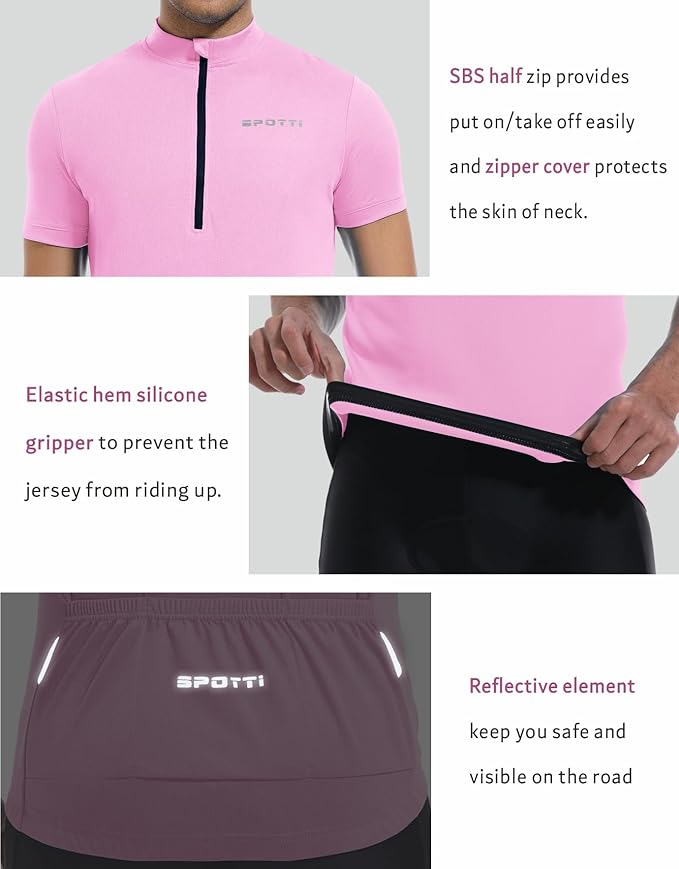 Spotti Men's Cycling Bike Jersey Short Sleeve with 3 Rear Pockets- Moisture Wicking, Breathable, Quick Dry Biking Shirt