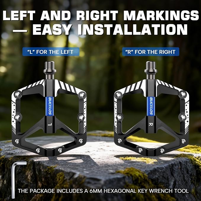 BUCKLOS Mountain Bike Flat Pedals Adult 9/16", Sealed Bearing Large Bicycle Pedal Aluminum Platform with Removable Anti-Skid Nails and Reflectors for MTB Road Gravel BMX Ebike Bikes