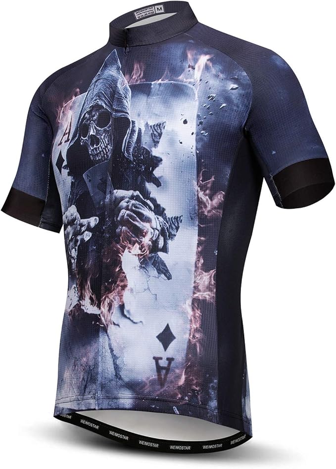 Men Cycling Jersey Skull Bike Short Sleeve Tops Quick-Dry Reflective 3-Pockets S-3XL