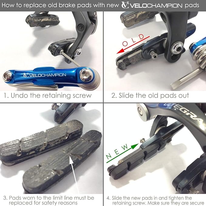 VeloChampion Bicycle Brake Pads for Aluminum Brake Surfaces. Bike Brake Pads for Rear and Front Brakes | Compatible with Brake Kits