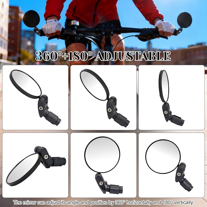 2PCS Bike Mirror, 360° Adjustable Bar End Bicycle Mirror with 2PCS Reflective Bands for Safe Cycling, Handlebar Mount Rearview Mirror with Allen Wrench for Mountain Road E-Bike