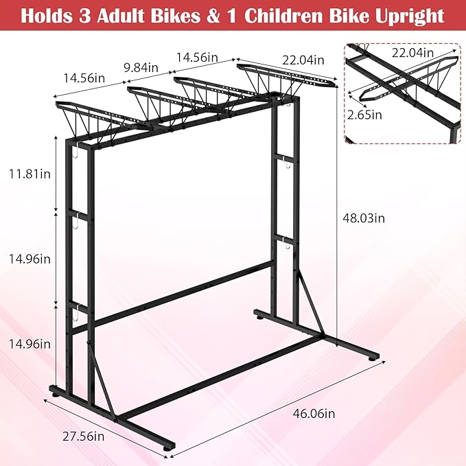 ETELI Bike Rack Garage Freestanding Bikes Rack Floor Stand Vertical Bike Stand Rack for Garage Organizer Indoor Outdoor Bikes Storage, Hold Max Tire Width 2.65”, Black
