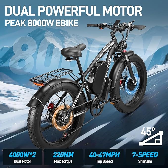 Peak 8000W 58V Max Output Dual Motor Ebike 40-47MPH Electric Bike for Adults 36AH Battery 105 Miles Range 24 Inch Fat Tire Electric Bicycles for Snow Off-Road Commuter Mountain E-Bike