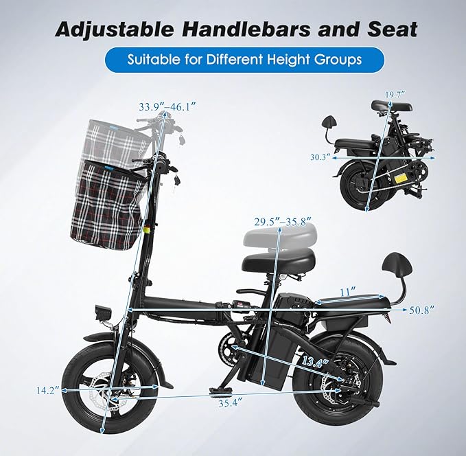Folding Electric Bike for Adult,14" Foldable Ebike with Passenger Seat Peak 500W Motor 18.6MPH 30+ Miles(MAX) E-Bike with 48V Removable Battery/Shock Absorber/LCD Display/USB Phone Holder/Front basket