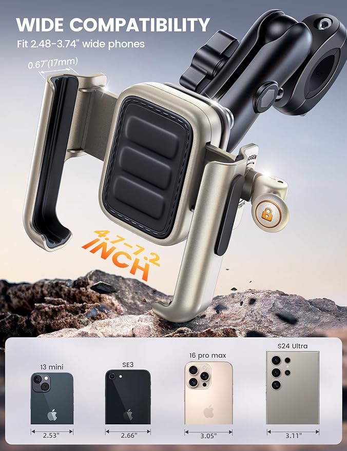 Lamicall Motorcycle Phone Mount Holder - [All Metal] [Anti Shake] [1s Lock] Bike Phone Holder Handlebar Clamp, Bicycle Cell Phone Mount, for iPhone 17 Pro Max, 16 15 14, Galaxy, 4.7-7.2" Phones, Gold