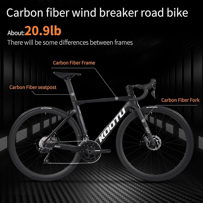 KOOTU Carbon Road Bike, T800 Lightweight Carbon Fiber Frame Racing Bicycle with Shimano 105 R7000 22 Speed Groupset and Mechanical Disc Brake for Adult
