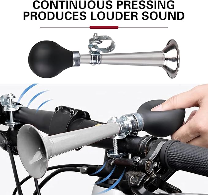 Bike Horn, 7.8" Air Horn with Loud Decibel Sound, Classic Squeeze Handlebar Reminder Bell for Adults Kids, Universal Safety Warning Device for Most Mountain Bike Scooter Ebike (Silver)