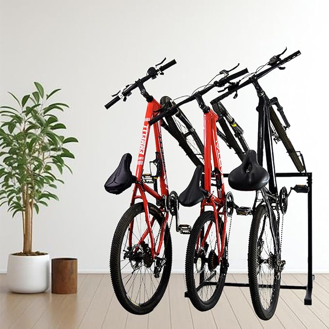 3 Bikes Stand Rack, Bikes Floor Stand for Garage, Indoor, Outdoor, Bicycle Parking Rack Fit 20”-29” Mountain Road and Kids Bikes, Max Tire Width 2.9” Easy to Install, Black