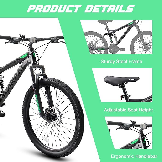 24/26/27.5 Inch Wheel Mountain Bike, 21 Speed MTB Bike with Full Suspension, Steel Frame and Dual Disc Brakes, Adult Mens Outdoor Cycling Mountain Bicycle