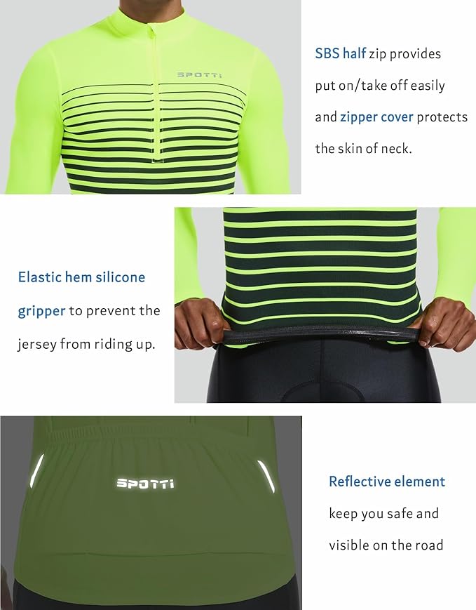 Spotti Men's Cycling Bike Jersey Long Sleeve with 3 Rear Pockets - Moisture Wicking, Breathable, Quick Dry Biking Shirt