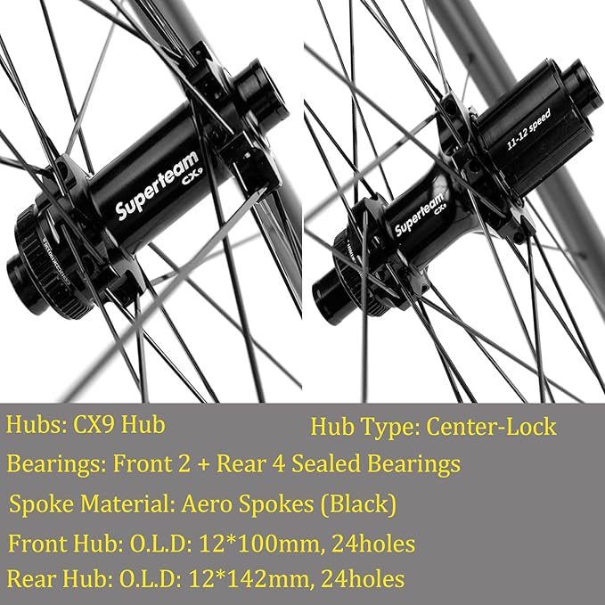 Superteam Carbon Wheelset Disc Brake 700c Road Bike Wheels 45/50/53mm Depth Tubeless Ready Cycling Wheels, for 8-12 Speed Center Lock / 6 Bolt, Thru Axle/QR Type