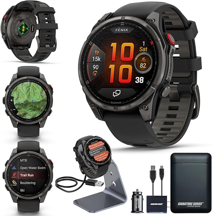Garmin Fenix 8 Pro, 47mm, AMOLED Display, Premium Multisport GPS Smartwatch, inReach Technology for Emergency Survival, Health Tracking | Carbon Gray/Black, Signature Series Power Bundle