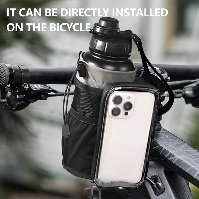 Bike Water Bottle Holder with Mount | Fits Motorcycles, Strollers, Scooters, Wheelchairs | Waterproof Phone Bag | Mount Support More Bike Devices | Holds 3.6in Diameter Bottles (2Black)