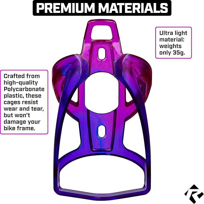 Revere Ultra-Light Bike Water Bottle Holder – Durable Bicycle Bottle Cage for Road, MTB, & Mountain Bikes – 2-Pack with Screws & Installation Tool – Premium Cycling Accessories (Purple/Blue)