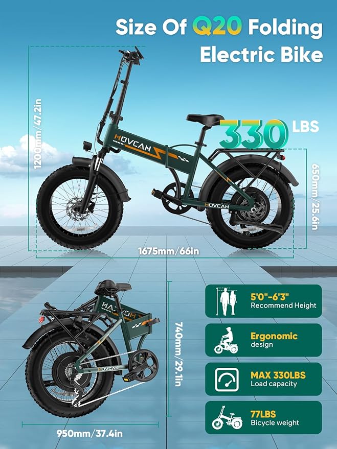 Movcan Q20 Folding Electric Bike, 52V 15.6Ah Removable Concealed Battery 20” Fat Tire Dirt Bike,1500W Motor 30 MPH Top Speed E Bikes, 7 Speed Dual Hydraulic Brake Electric Bikes for Adults