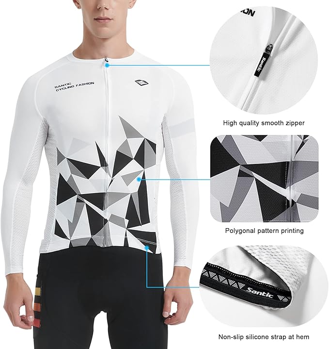 Santic Cycling Jersey Men's Long Sleeve Bike Reflective Full Zip Bicycle Shirts with Pockets