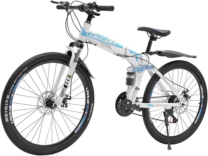 26 Inch Folding Mountain Bike, 21 Speed Full Suspension High-Carbon Steel MTB Foldable Bicycle, Dual Disc Brake Non-Slip Folding Bikes, Mountain Bicycle for Adults/Men/Women