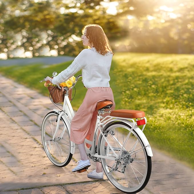 26 Inch Folding Beach Cruiser Bike for Women, 7-Speed Ladies Bike with Basket & Rack, Perfect for City Commuting's Bicycle, Ideal for Women and Adults