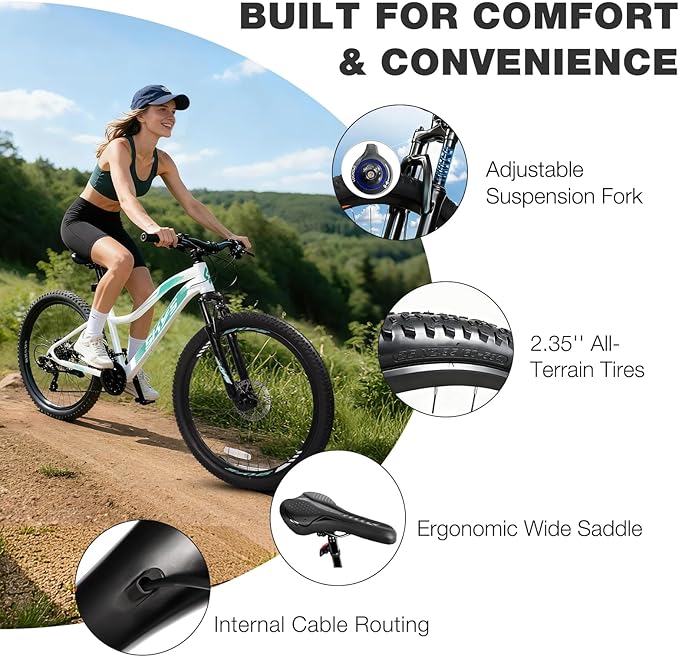 24/26 Inch Mountain Bike for Women & Girls, Twist Shifter, Dual Disc Brakes, Lockout Fork, 2.35" All Terrain Tires, Low Step Steel Frame, 85% Pre-Assembled