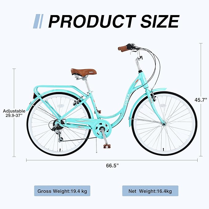 Commuter Bicycle, 26 Inch Ladies Bicycle for Adult, 7-Speed/High-Carbon Steel/Front & Rear Fenders, Ergonomic Upright Design Multiple Colors