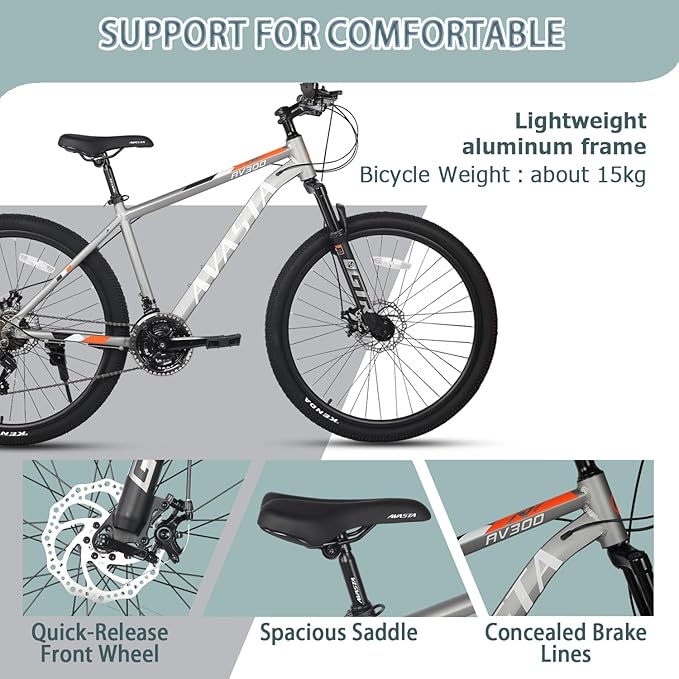 AVASTA AV300 26 27.5 inch Mountain Bike with 21-Speed, Aluminum Frame, Dual Disc Brake, Comfortable Saddle, Multiple Colors