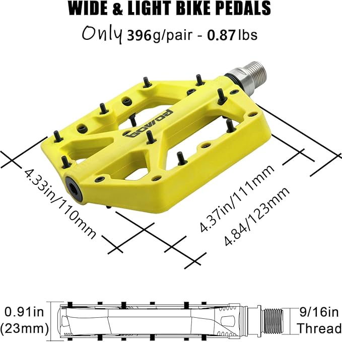 MTB Pedals Large Mountain Bike Pedals, Lightweight Nylon Fiber Composite Bicycle Platform Pedals, Grippy Pedals w 18 Pins, Cr-Mo Spindle fit w 2 Bearings, Clipless Pedals for BMX MTB Bike 9/16"