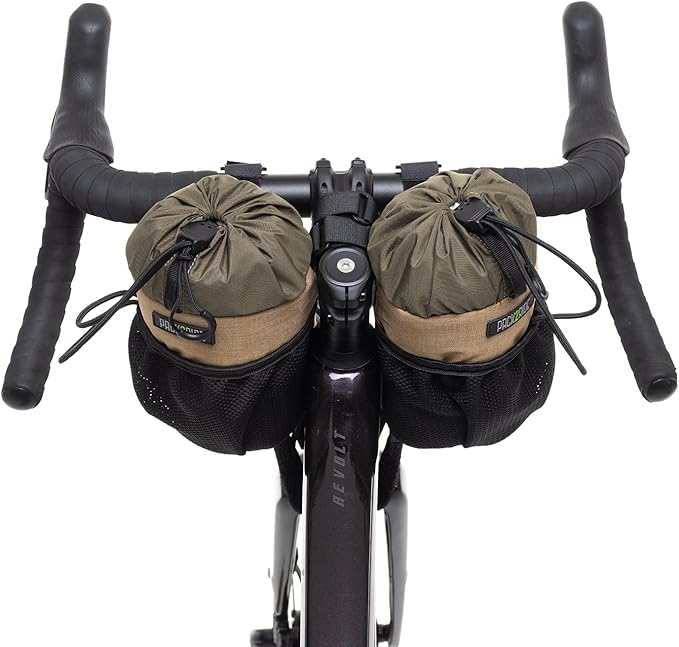 Bongo Bike Handlebar Bag - Water Resistant, Durable Cordura Fabric & Bicycle Large Water Bottle Holder - Front Biking Storage, Bikepacking Stem Bag for Cycling Travels (Brown)