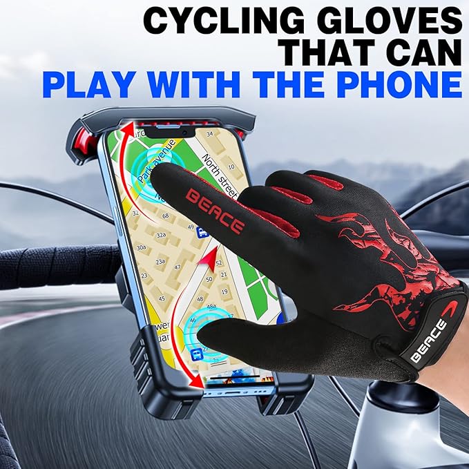 BEACE Cycling Gloves for Men Women - Full Finger Mountain Bike Gloves With Touch Screen and Anti-Slip Silicone Palm - Workout and Road Bicycle Gloves