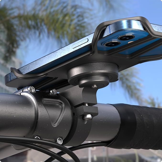 Bike Handlebar Phone Mount with Shockproof Silicone Grip – Quick-Lock Aluminum Out-Front Holder with Dual Safety Buckles & Elastic Strap, Fits 4.0”–6.7” Phones – Secure Fit for Road & Urban Rides