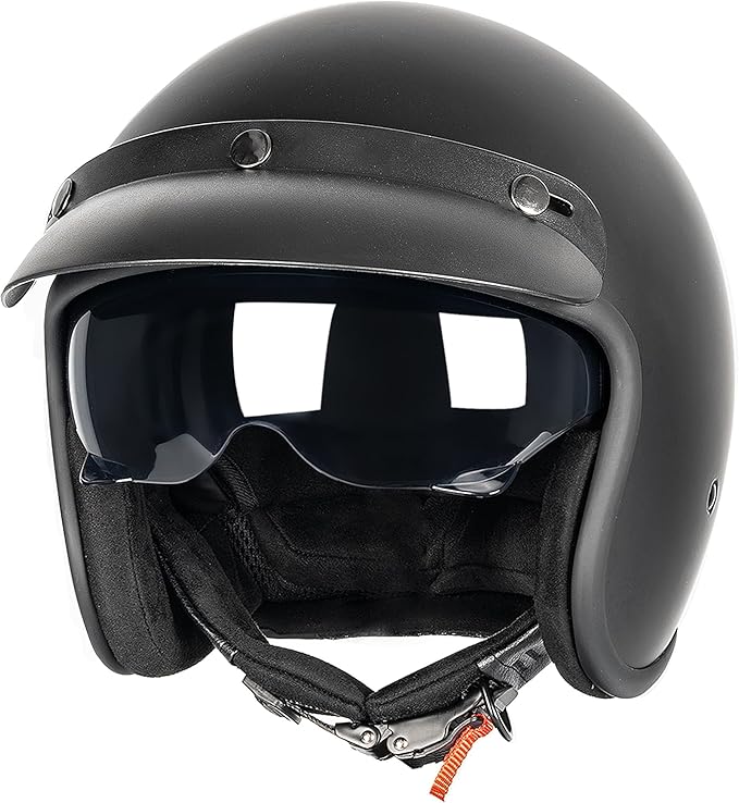 3/4 Open Face Retro Motorcycle Helmet Vintage Helmet for Motorbike Casco, Moped, Cruiser, Bobber, and Chopper - DOT Approved（Matte Black,M）
