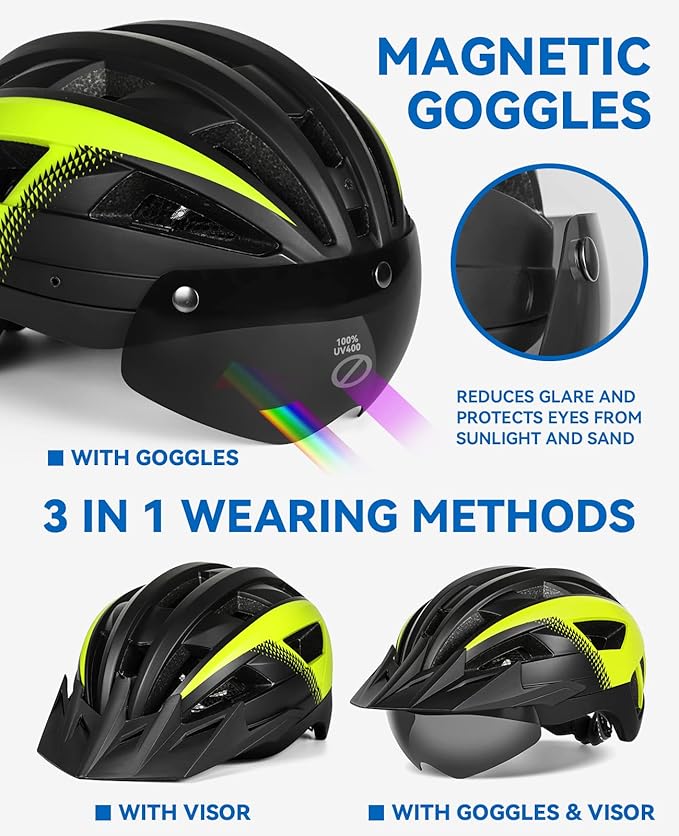 Adult Bike Helmet with Visor and Goggles for Men Women Mountain Road Bicycle Helmet Rechargeable Rear Light Cycling Helmet