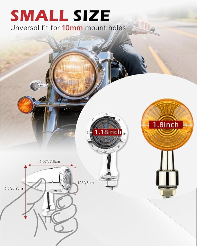 Bullet Style Motorcycle Rear LED Tail Lights, Red Running/Brake Light + Amber Turn Signals, Zinc Alloy Housing, M10 Mount Universal Fit for Cruiser Bobber Chopper Cafe Racer (Chrome-Rear)